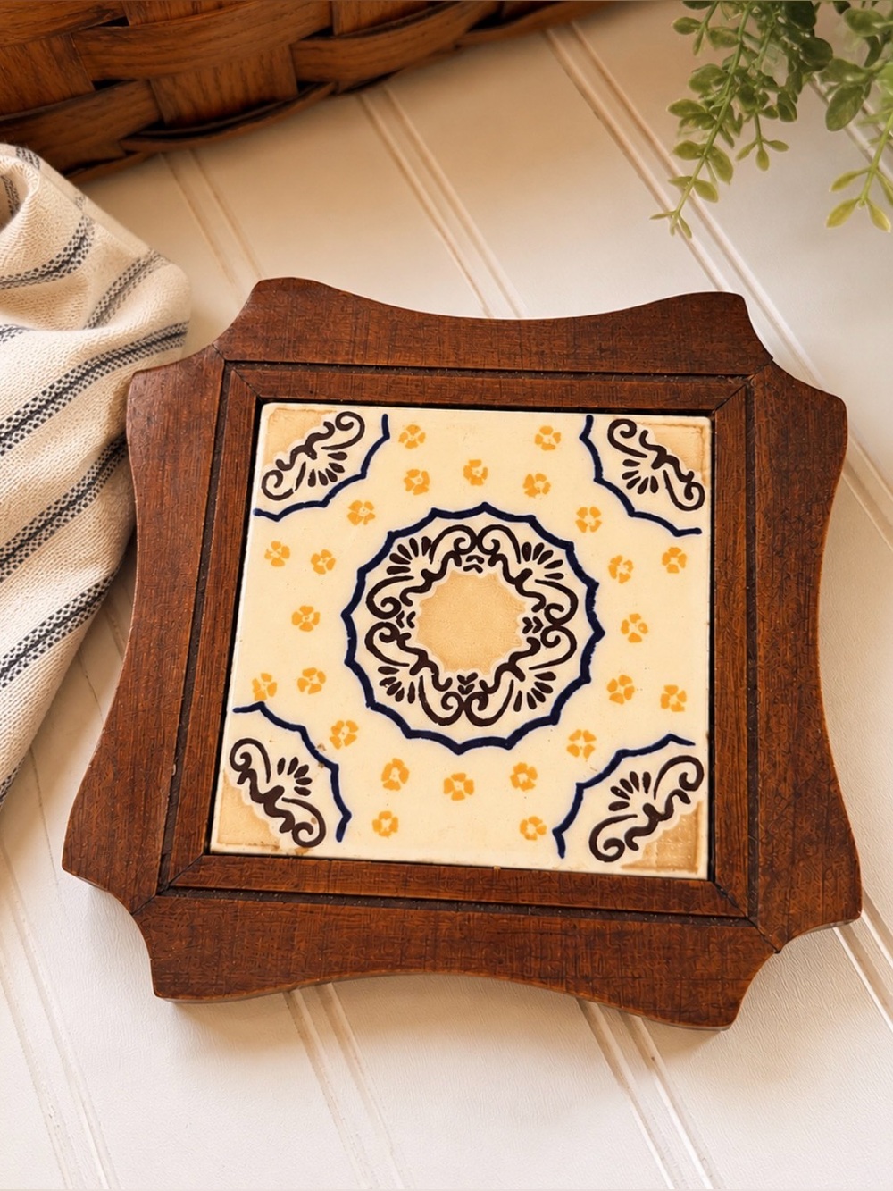 Vintage Mexican Ceramic Tile Trivet Wood Frame – Monterrey Mexico Folk Art